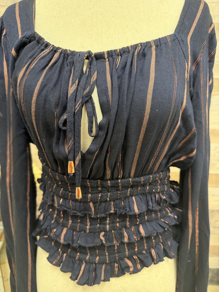 Vintage Havana Navy W/ Metallic Striped Smock Crop Top