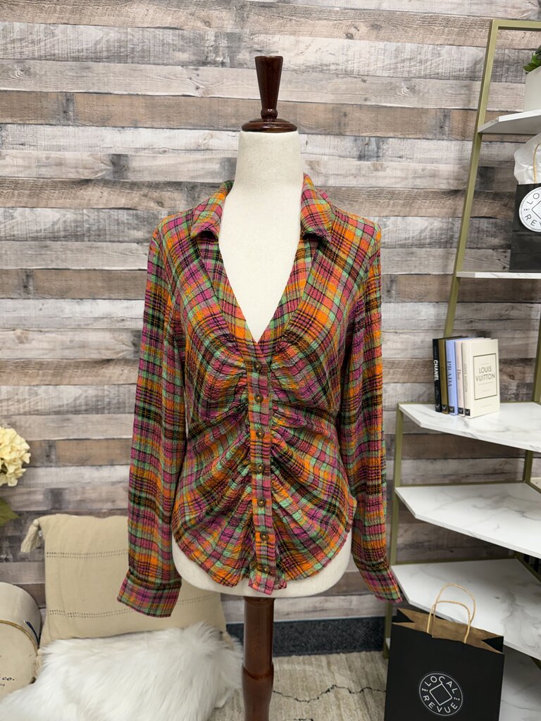 Piilcro Bright Multi Color Ruched Deep V Neck Button Down Shirt