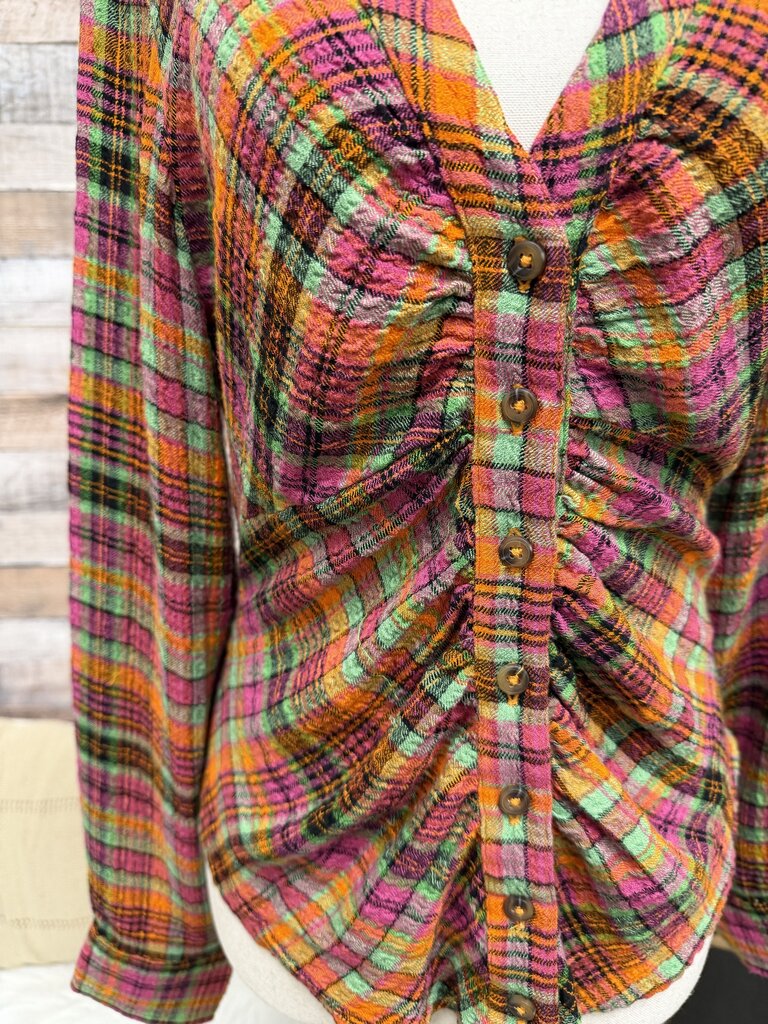 Piilcro Bright Multi Color Ruched Deep V Neck Button Down Shirt
