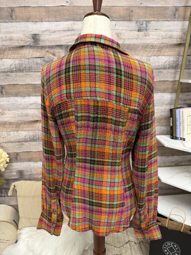 Piilcro Bright Multi Color Ruched Deep V Neck Button Down Shirt