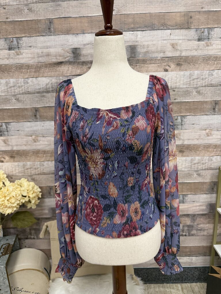 Anthropologie Purple Floral W/ Smocked Bodice and Balloon Sleeves
