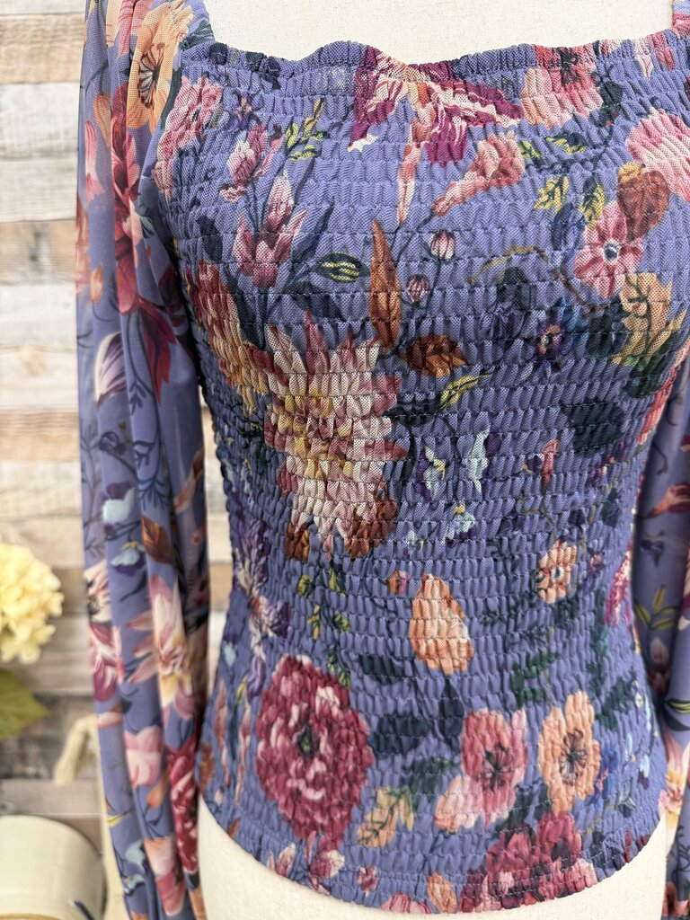 Anthropologie Purple Floral W/ Smocked Bodice and Balloon Sleeves