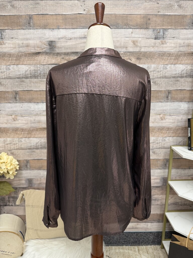 Current Air Metallic Brinze V Neck Long Sleeve Blouse