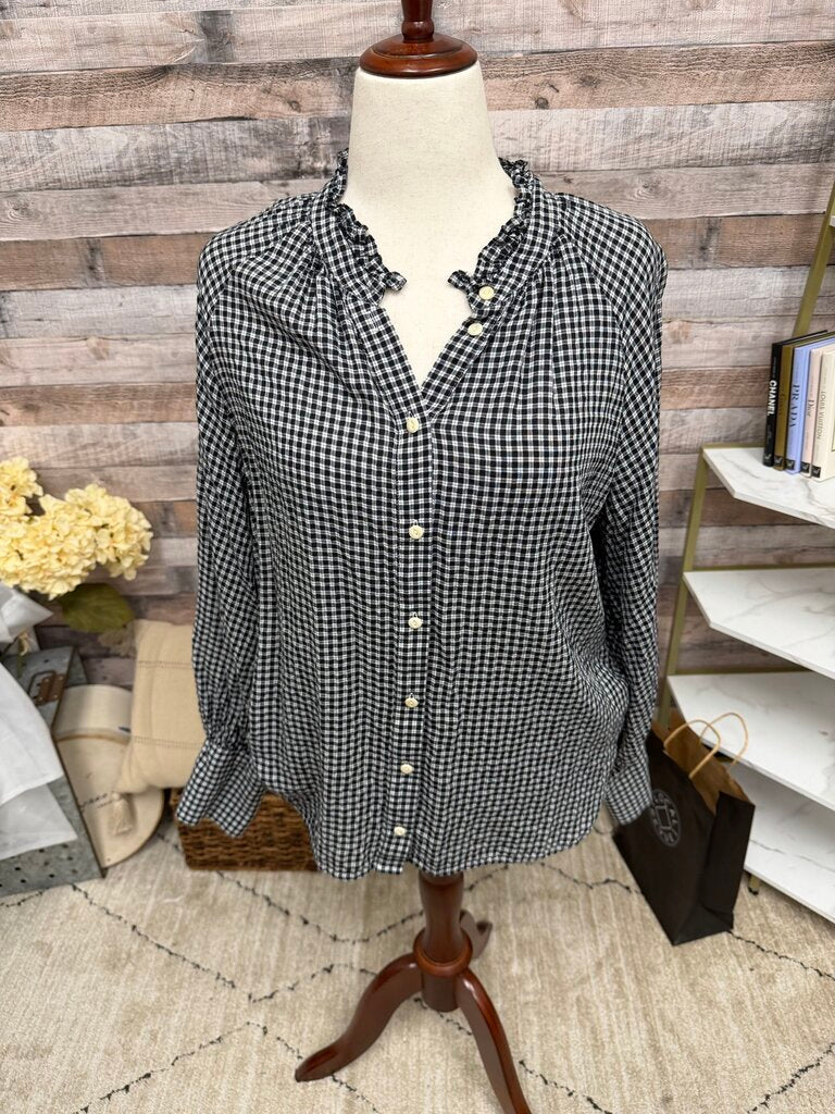 J Crew black/white gingham button up with ruffle collar J Crew Black/White 14 women BLOUSES