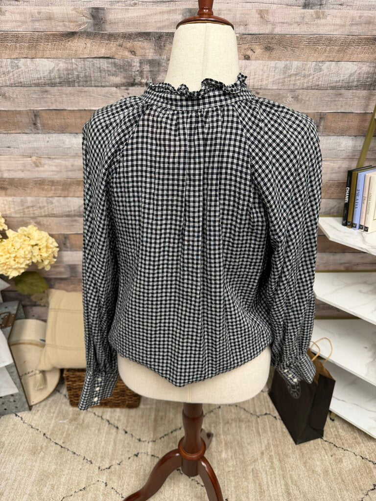 J Crew black/white gingham button up with ruffle collar J Crew Black/White 14 women BLOUSES