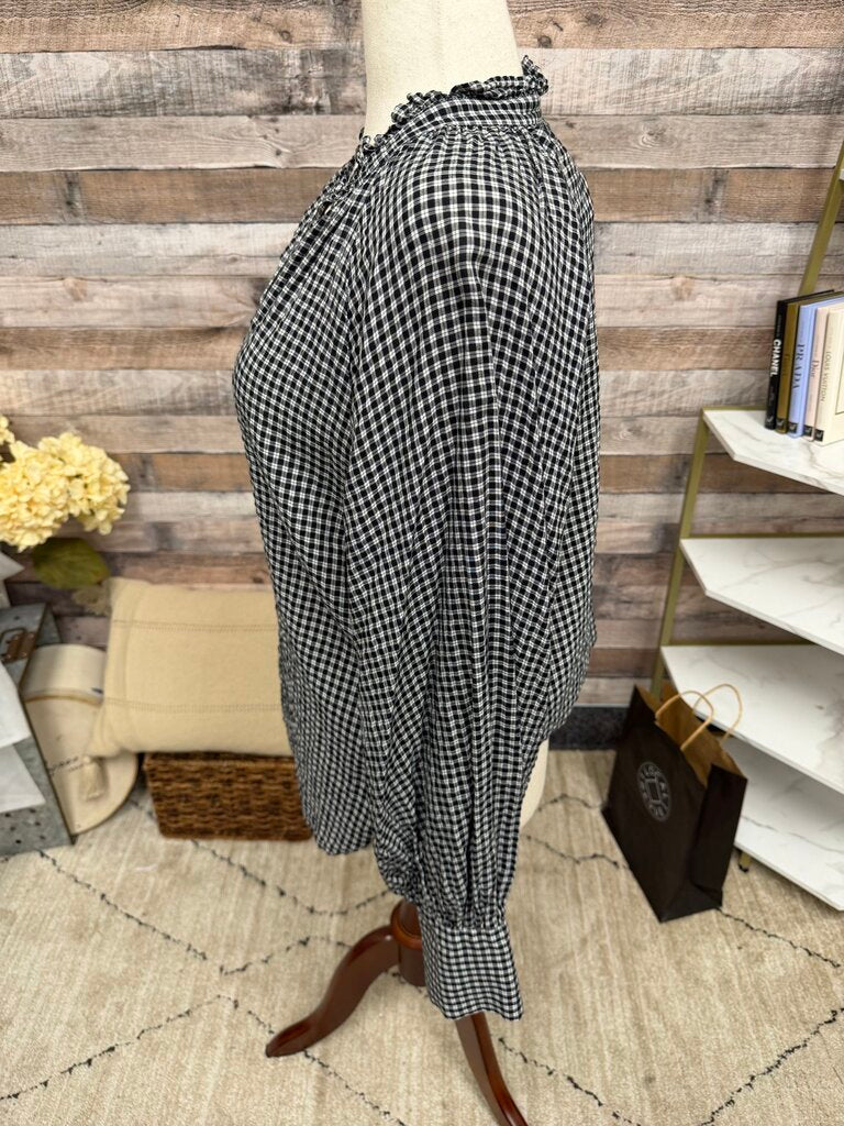 J Crew black/white gingham button up with ruffle collar J Crew Black/White 14 women BLOUSES