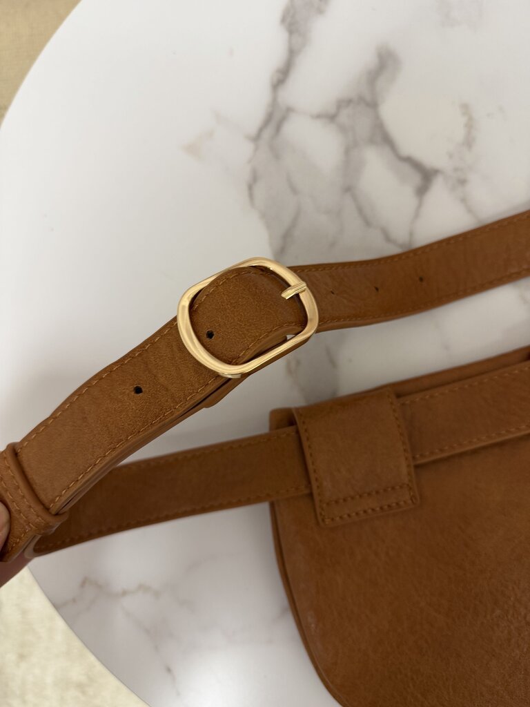 Moda Luxe brown leather w/ red blue stripe belt bag