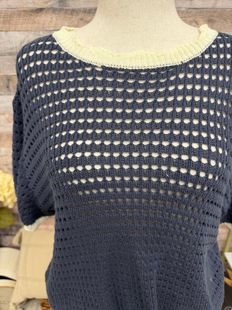 Miou Muse navy crochet tee w/ white trim Miou Muse blue M women TOPS