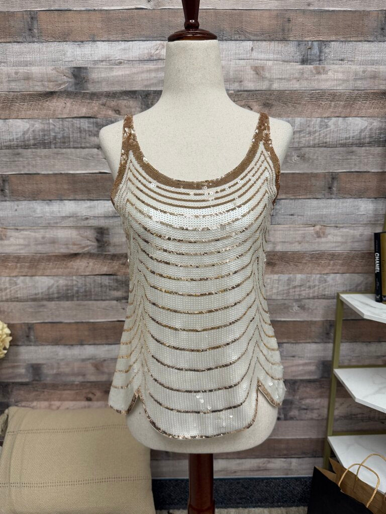 BCBGMaxazria sequin gold striped scallop hem tank BCBGMaxAzaria cream/gold XS women TOPS