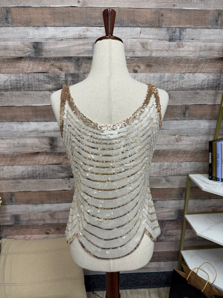 BCBGMaxazria sequin gold striped scallop hem tank BCBGMaxAzaria cream/gold XS women TOPS