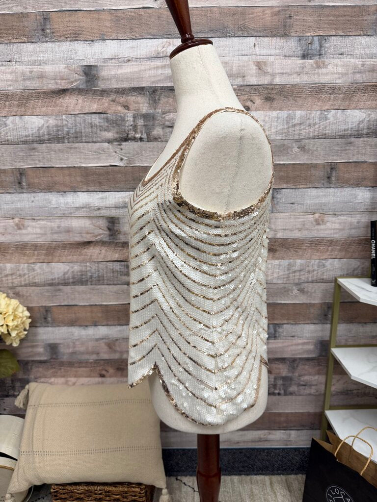 BCBGMaxazria sequin gold striped scallop hem tank BCBGMaxAzaria cream/gold XS women TOPS