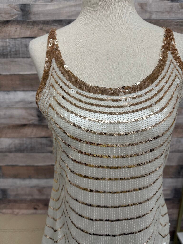 BCBGMaxazria sequin gold striped scallop hem tank BCBGMaxAzaria cream/gold XS women TOPS