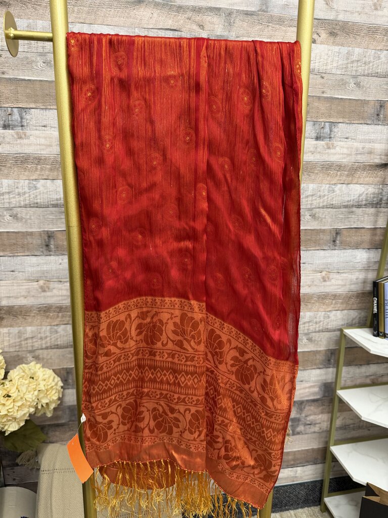 No Label 100% silk red/orange scarf w/ yellow tassels no label red OS women ACCESSORIES