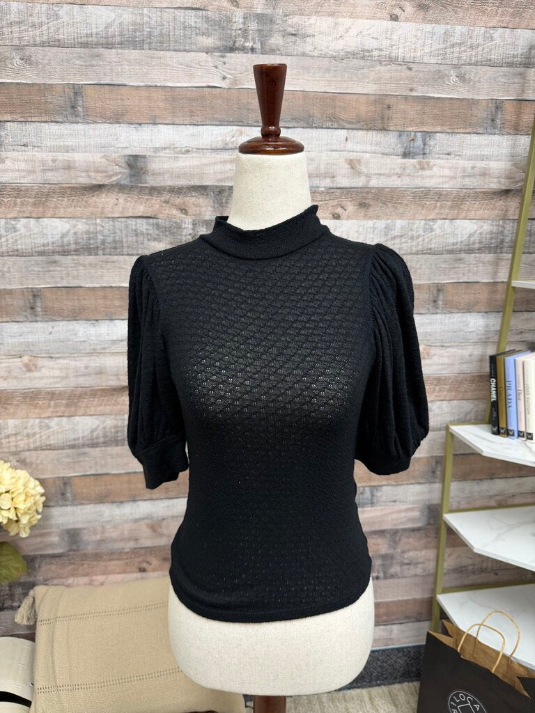 Free People Black Puff Sleeve Eyelet Mesh Top Free People Black XS women TOPS