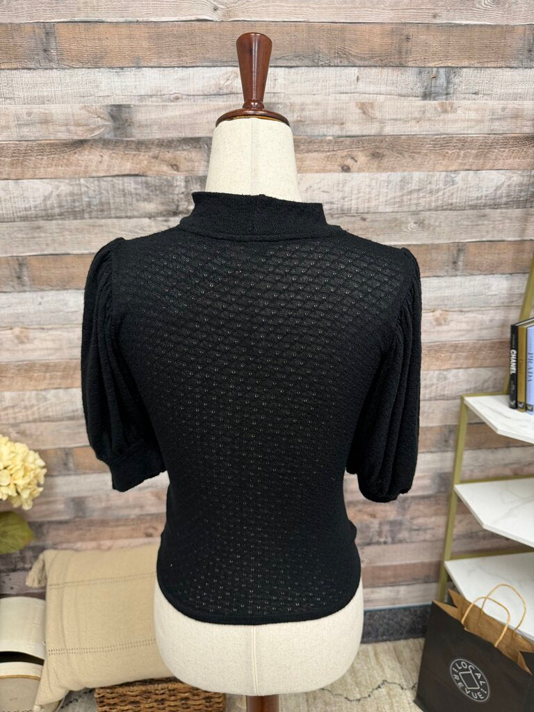 Free People Black Puff Sleeve Eyelet Mesh Top Free People Black XS women TOPS