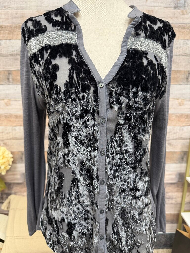 Tiny Gray Velvet Burnout Henley Top Tiny by Anthro Gray women TOPS