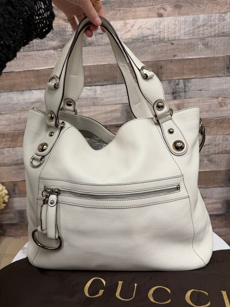 Gucci Off White Abbey Leather Tote w/Silver Hardware Gucci White OS BAGS