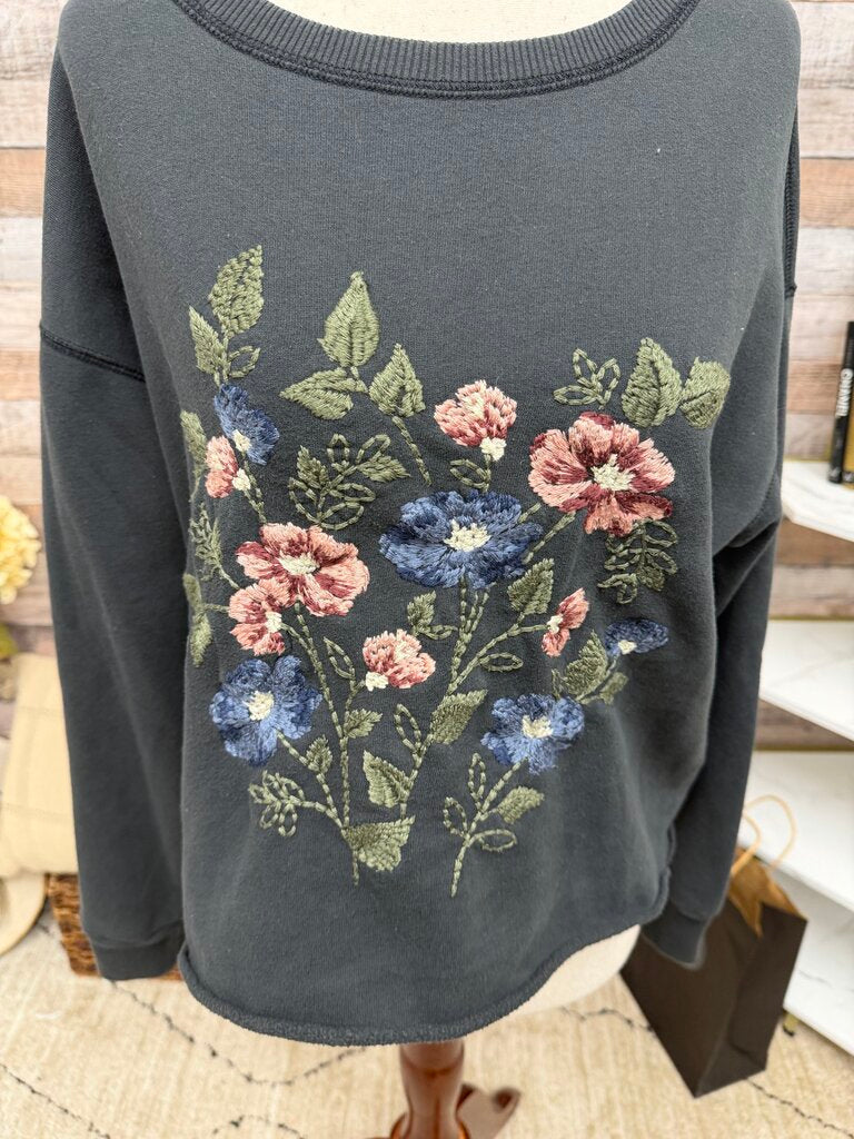 Ambercrombie Gray Floral Embroidered Cropped Sweatshirt Ambercrombie Gray S women SWEATSHIRTS/HOODIES