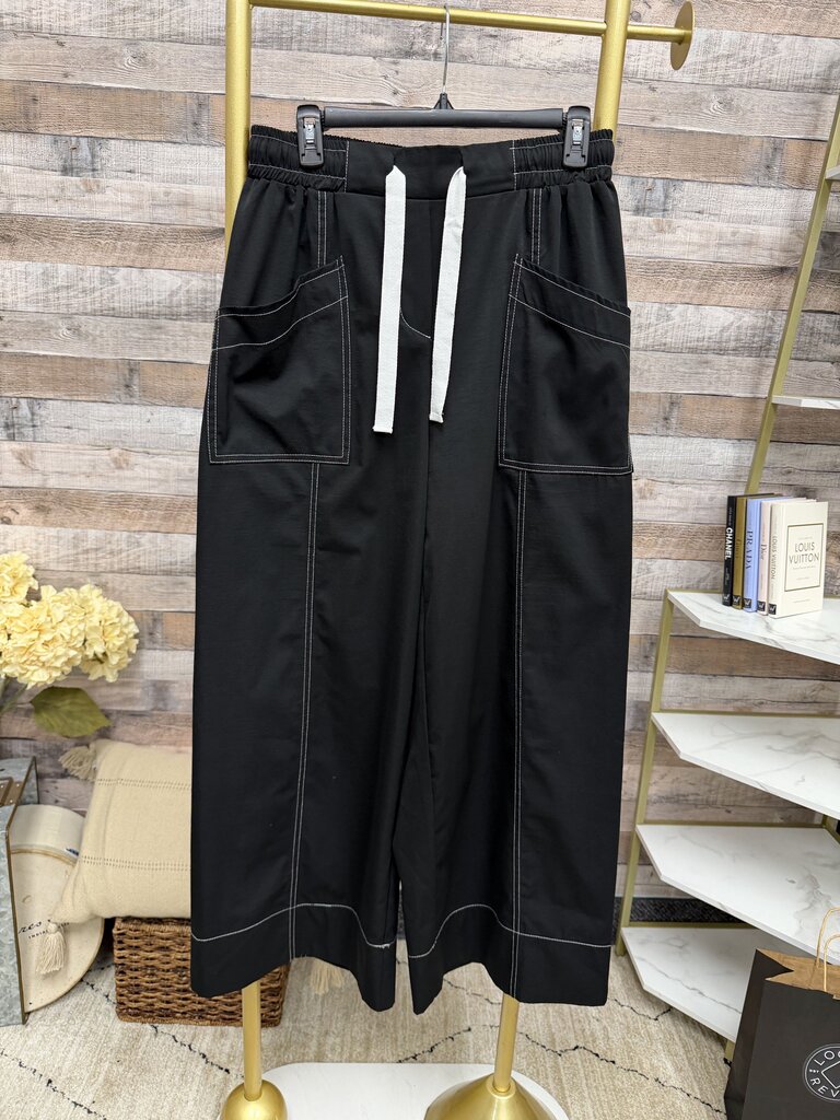 No Label Black W/ White Stitch Wide Leg Drawstring Pant no label Black Large women PANTS