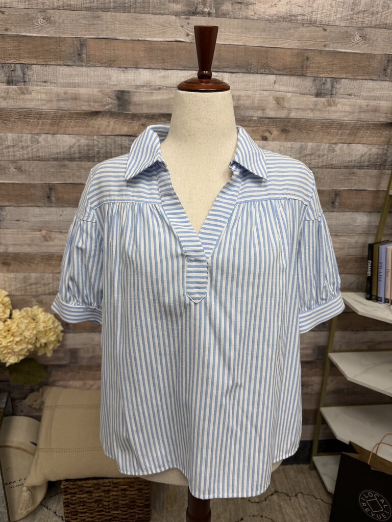 Style USA White/Blue Stripe Short Sleeve Shirt W/ Collar Style USA White/Blue Large women TOPS