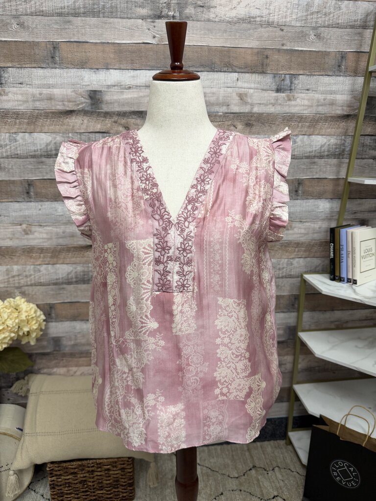 Current Air Pink Flutter Sleeve Floral Print Top Current Air Pink Large women TOPS