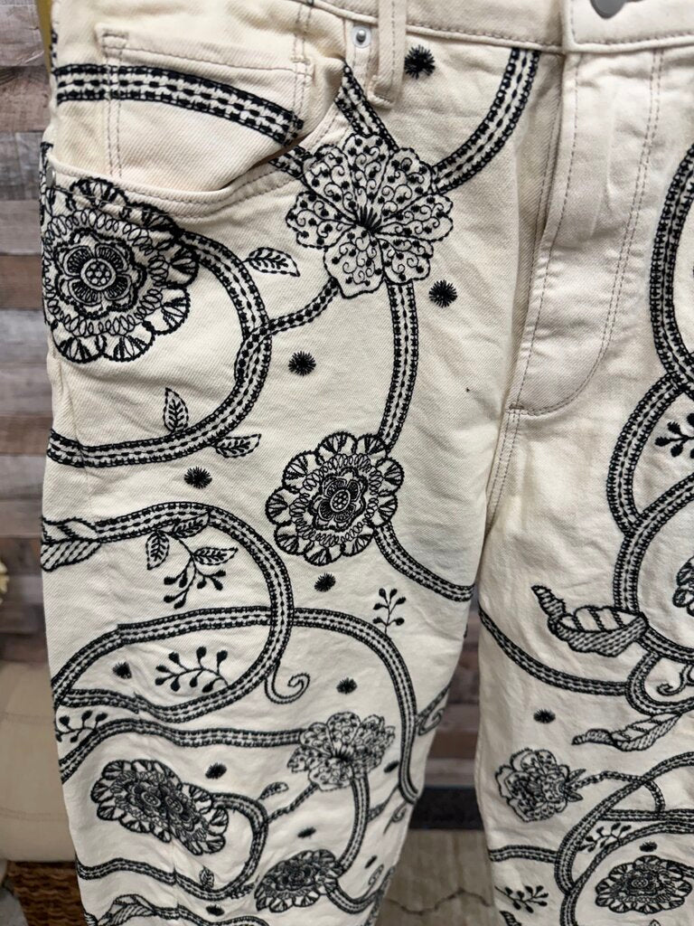 Driftwood Cream Barrel Leg Jean With Floral Design Driftwood Cream 28 women PANTS
