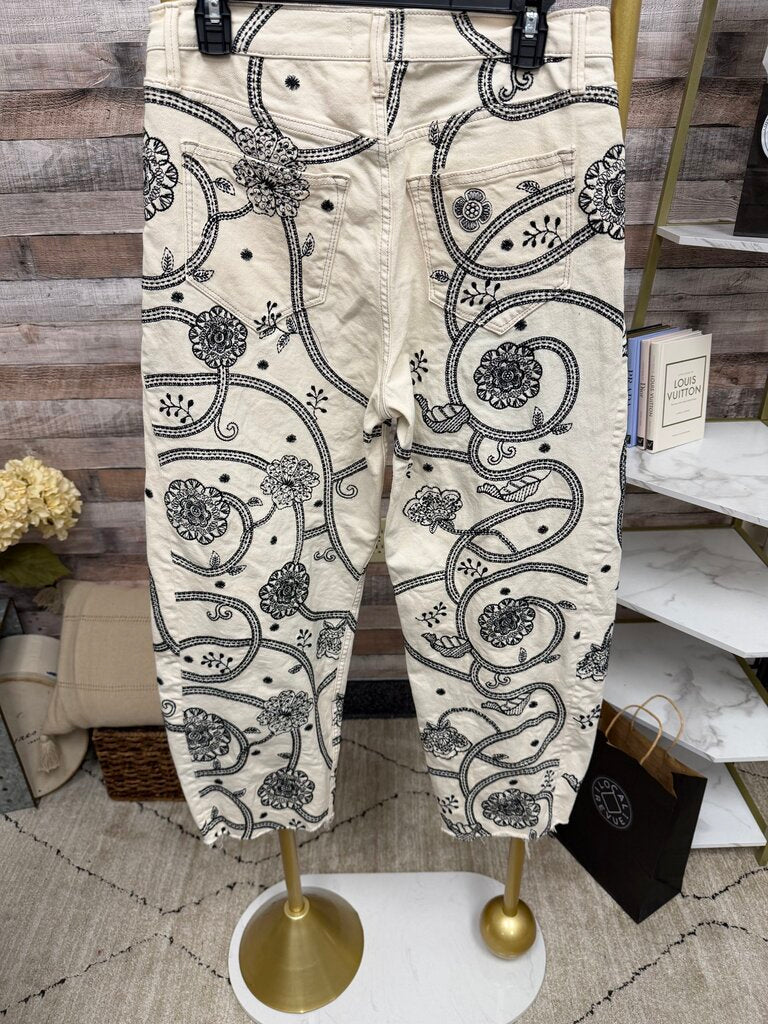 Driftwood Cream Barrel Leg Jean With Floral Design Driftwood Cream 28 women PANTS