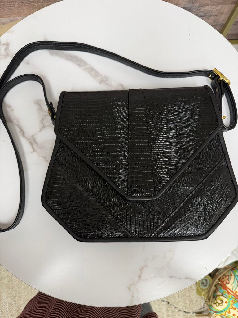 Non Label Black Lather Crossbody W/ Reptile Embossed Texture no label Black OS women BAGS