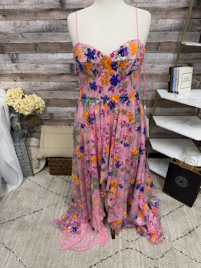 Mac Duggal Pink Sequined Floral Embellished High Low Dress NWT Mac Duggal Pink 12 women GALA/WEDDING/FORMAL