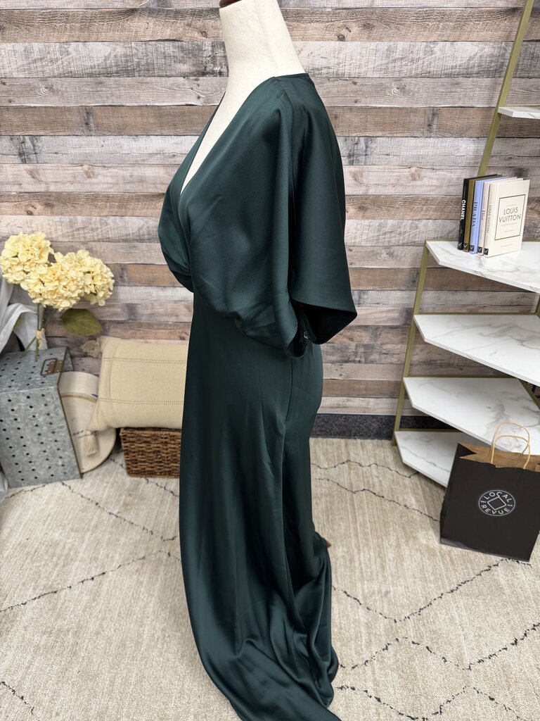 BHLDN Green V Neck Satin Evening Gown Green 0 women DRESSES