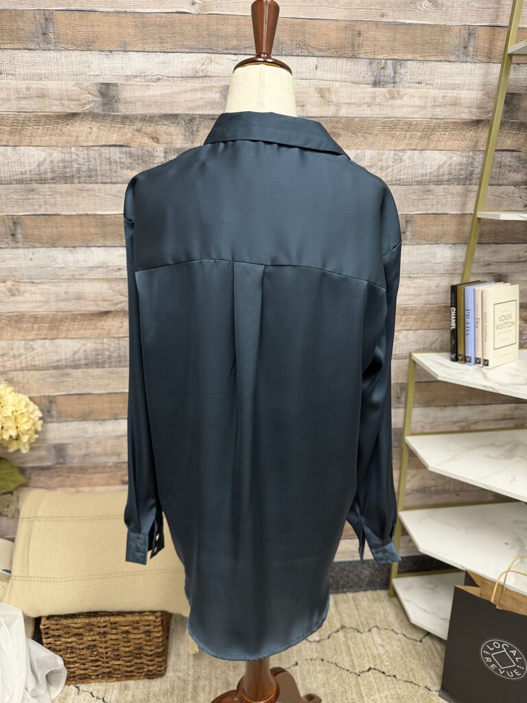 Tahari Blue Satin Long Sleeve Button Down Tahari Blue Small women TOPS