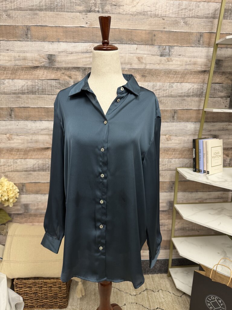 Tahari Blue Satin Long Sleeve Button Down Tahari Blue Small women TOPS