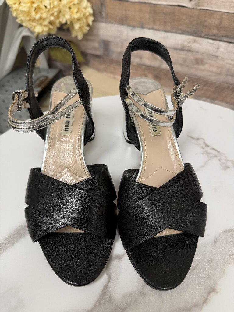 Miu Miu Black Leather Strappy w/Metallic Block Heel Miu Miu Black/Sliver 7 women HEELS