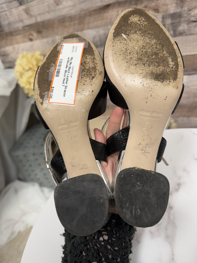 Miu Miu Black Leather Strappy w/Metallic Block Heel Miu Miu Black/Sliver 7 women HEELS