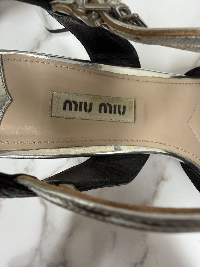 Miu Miu Black Leather Strappy w/Metallic Block Heel Miu Miu Black/Sliver 7 women HEELS
