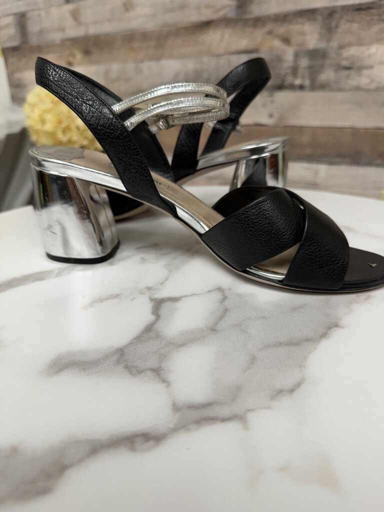 Miu Miu Black Leather Strappy w/Metallic Block Heel Miu Miu Black/Sliver 7 women HEELS