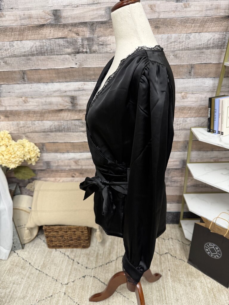 Rachel Zoe Black Satin V-Neck Long Sleeve Wrap Blouse Rachel Zoe Black Medium women BLOUSES