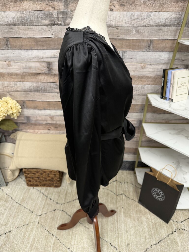 Rachel Zoe Black Satin V-Neck Long Sleeve Wrap Blouse Rachel Zoe Black Medium women BLOUSES