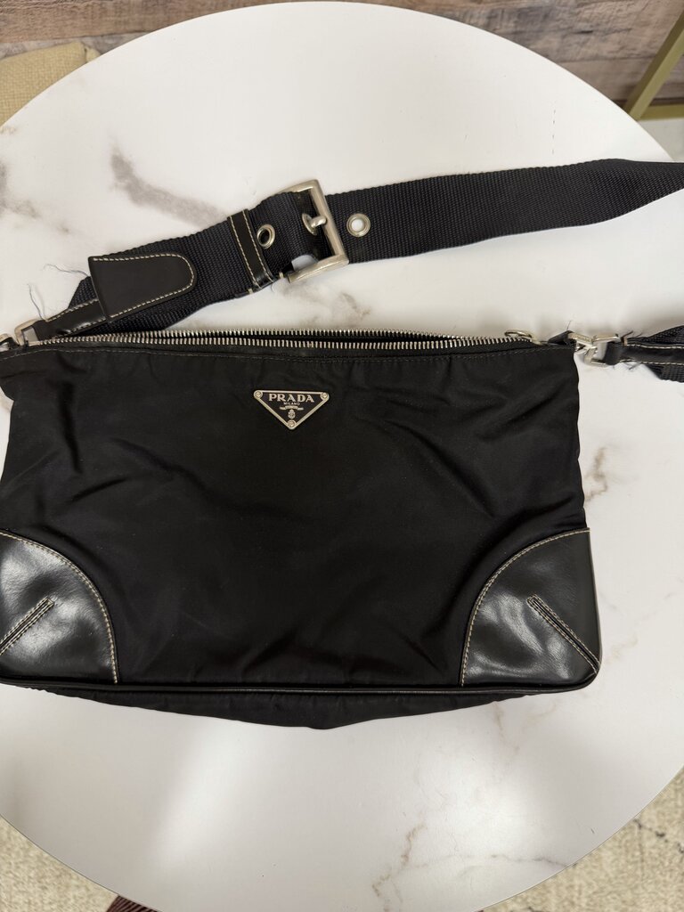 Prada Black Tessuto Nylon & Leather Corner Crossbody Prada Black OS BAGS