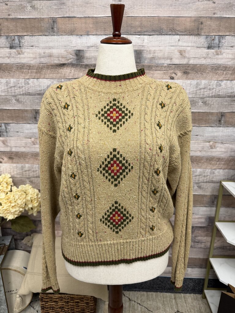 Liz Wear Tan & Green Diamond Pattern Cable Knit Liz Wear Tan/Green Medium women SWEATERS
