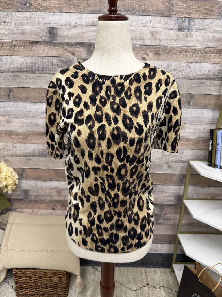 Ann Taylor Leopard Print Knit Short-Sleeve Sweater Ann Taylor Brown & Black XS women TOPS