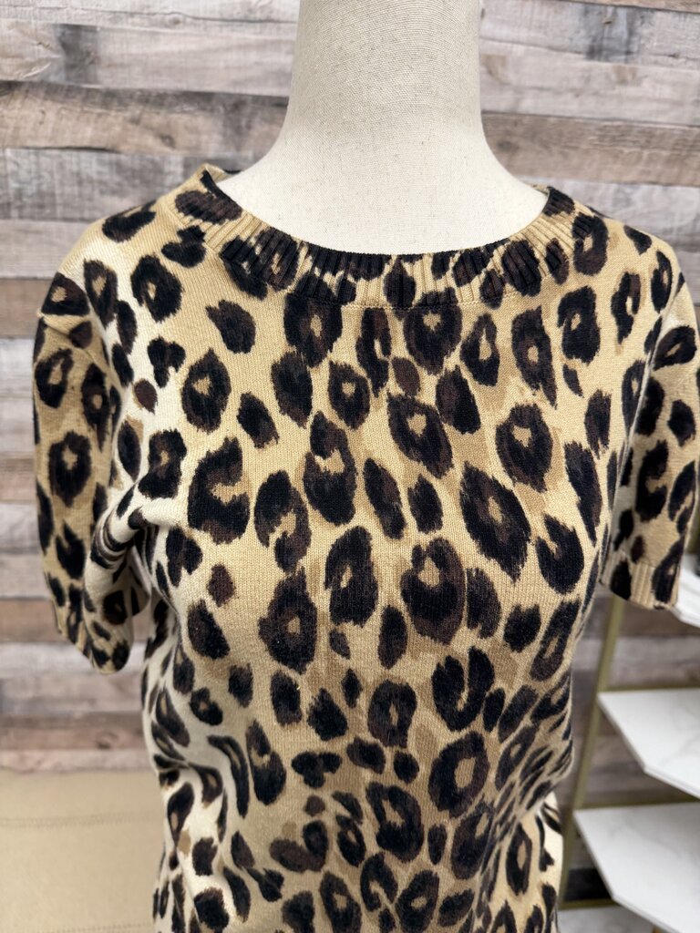 Ann Taylor Leopard Print Knit Short-Sleeve Sweater Ann Taylor Brown & Black XS women TOPS