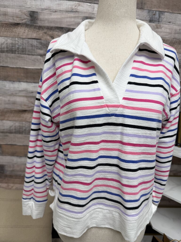 Talbot's White Cotton Blend Pullover With Multicolor Stripes White S women TOPS