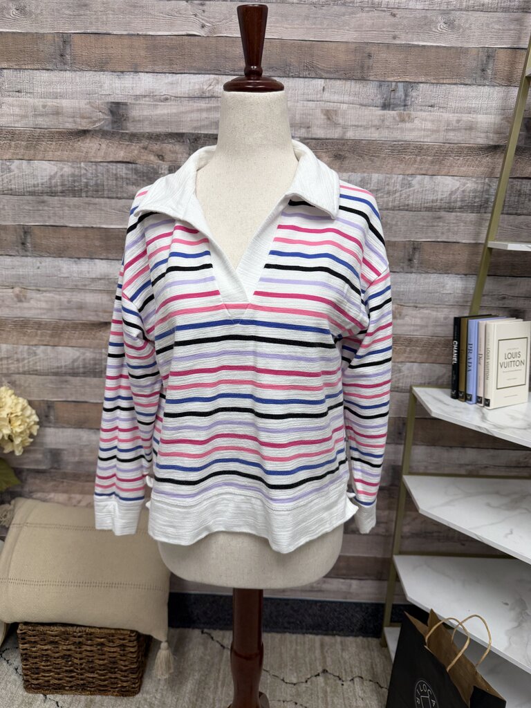 Talbot's White Cotton Blend Pullover With Multicolor Stripes White S women TOPS