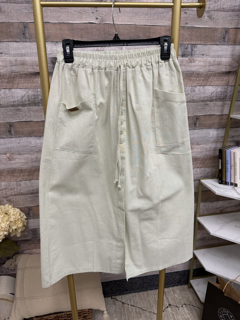 Yipinxuan Beige Linen-Blend Midi Skirt With Elastic Waistband and Drawstring Yipinxuan Beige M women SKIRTS