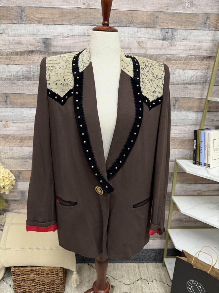 Criscione Brown Studded Western-Style Blazer With Map Print Detial Criscione Brown M women BLAZERS