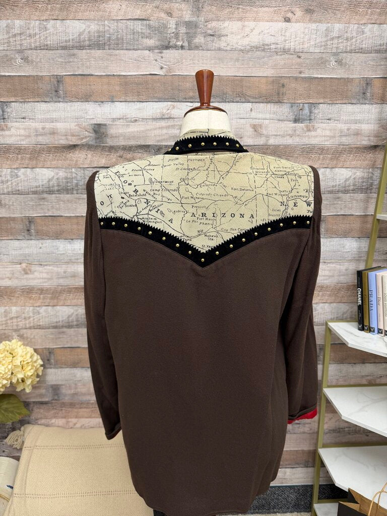Criscione Brown Studded Western-Style Blazer With Map Print Detial Criscione Brown M women BLAZERS